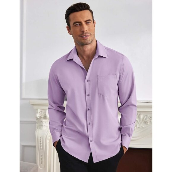 Men Purpel Shirts Wrinkle Free Long Sleeve Button Down Shirt Formal Dress Shirt - Picture 3 of 6